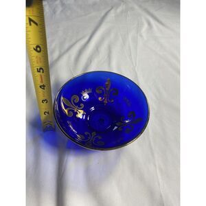 Vintage Rimmington Vian England Cobalt Glass Bowl Gold Fleur De Lis Crown